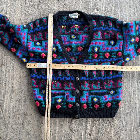 VINTAGE L.L. BEAN CARDIGAN SWEATER ARGYLE GEOMETRIC ABSTRACT KNIT LARGE 80S 90S - Picture 3 of 5